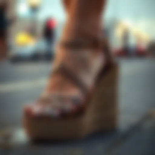 A close-up of a vintage 90s wedge sandal showcasing its unique design elements.