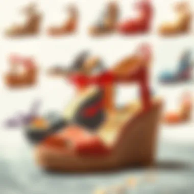 A collage of popular 90s wedge sandal styles and colors.