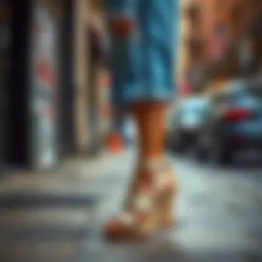 A stylish outfit featuring 90s wedge sandals on a city street.