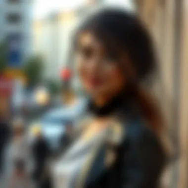 Stylish woman showcasing a shoulder veil with casual attire