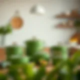 Elegant avocado green cookware set displayed in a modern kitchen setting