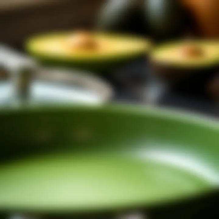 Close-up of avocado green frying pan showcasing its non-toxic surface