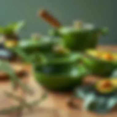 Sustainable materials used in avocado green cookware highlighted on a natural wood surface