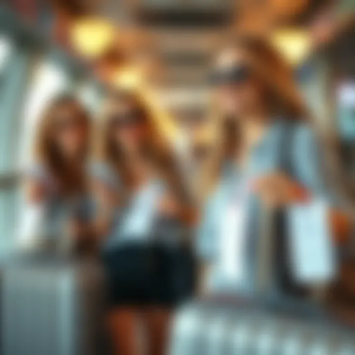 A group of bachelorette travelers using matching luggage tags during their journey