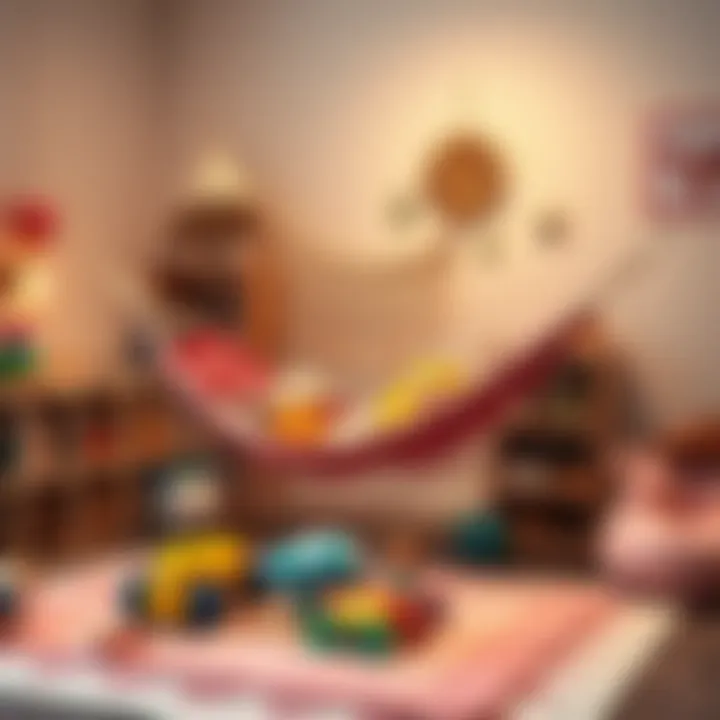 Organized play area featuring a boho toy hammock with toys neatly arranged