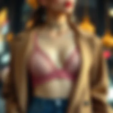 Fashionable outfit featuring a front closure bralette paired with chic outerwear.