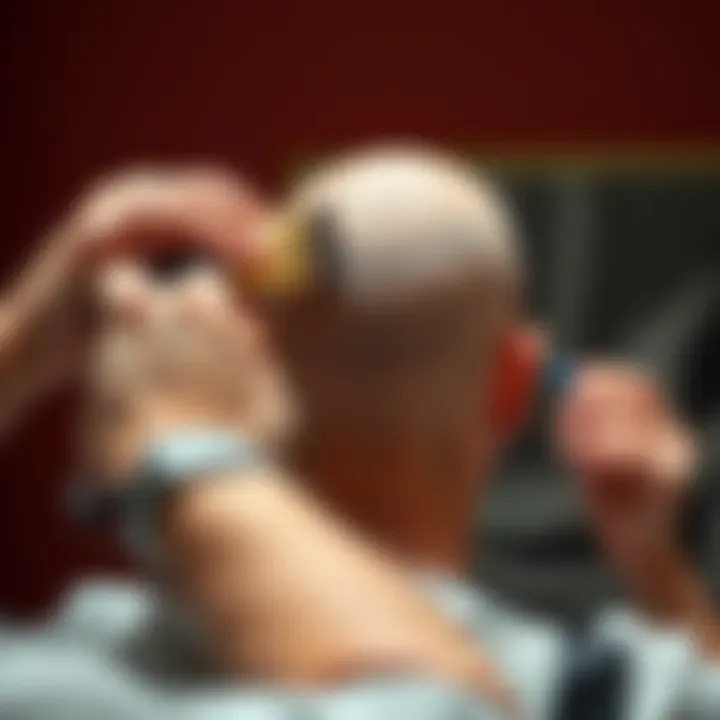 Demonstrating Proper Brushing Techniques A person demonstrating proper brushing techniques on a bald scalp