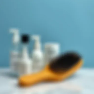 Scalp Care Products and Brush Essential scalp care products arranged alongside a brush