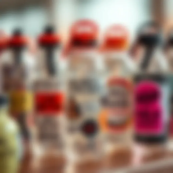 Group of water bottles adorned with various motivational stickers