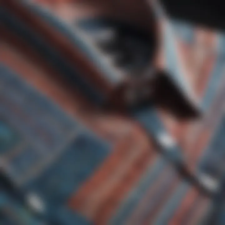 Close-up of intricate fabric patterns on a color block striped shirt