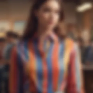 A fashionable ensemble featuring a color block striped shirt styled with accessories