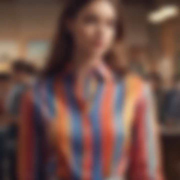 A fashionable ensemble featuring a color block striped shirt styled with accessories