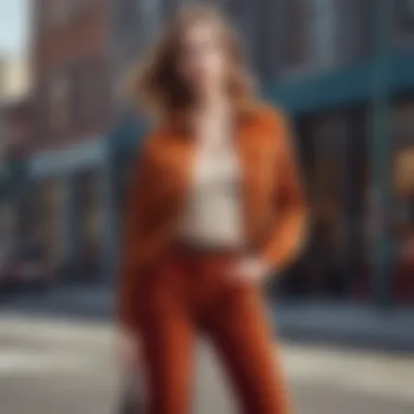 A stylish outfit featuring color corduroy pants paired with a chic top