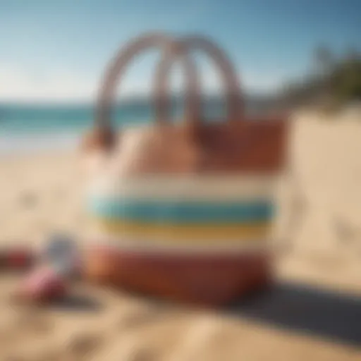 Stylish compact beach bag on a sandy beach