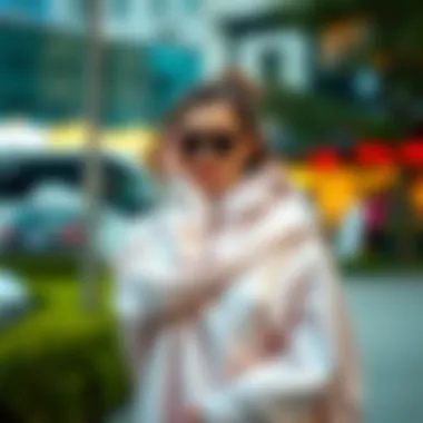 Versatile Styling Options A stylish individual showcasing various ways to wear a metallic silver shawl