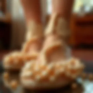 Close-up on the intricate craftsmanship of pearl slippers.