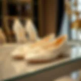 Elegant pearl slippers showcased on a luxury display.