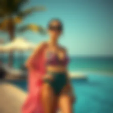 Chic high-waisted bathing suit with a flowing cover up by the poolside