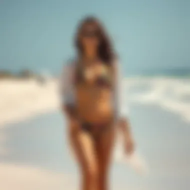 Vibrant floral bathing suit paired with a light cover up on a sandy beach