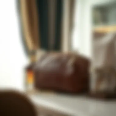 Stylish leather cosmetic bag displayed on a vanity