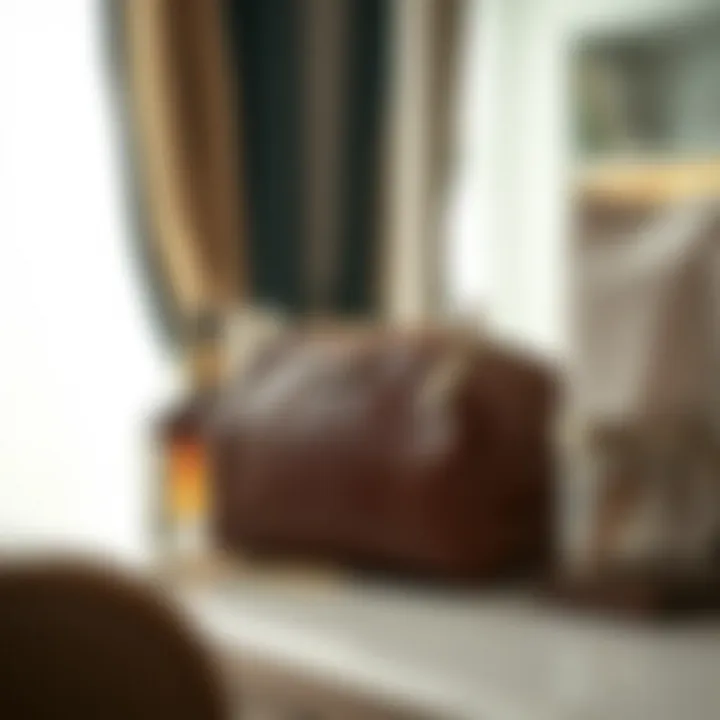 Stylish leather cosmetic bag displayed on a vanity