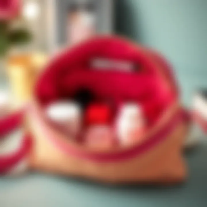 Organizational compartments inside a vibrant cosmetic bag