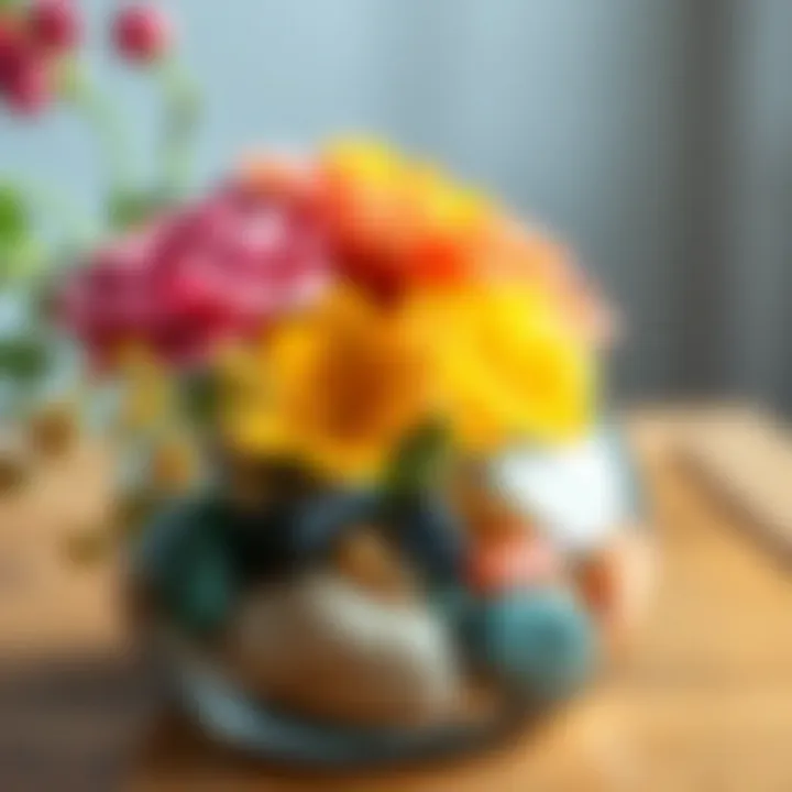 Close-up of colorful pebbles and crystals enhancing a floral arrangement in a vase.