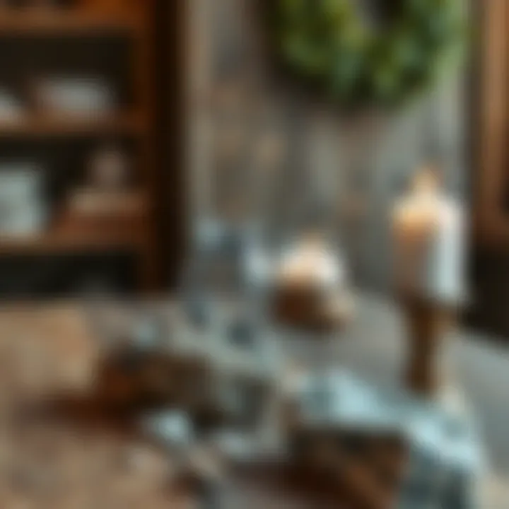 A rustic wooden table featuring a vase adorned with assorted decorative rocks and a candle.