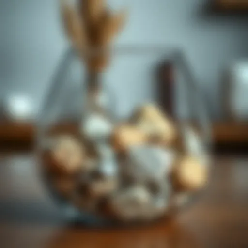 Aesthetic Arrangement of Decorative Rocks A variety of decorative rocks in earthy tones arranged aesthetically in a glass vase.