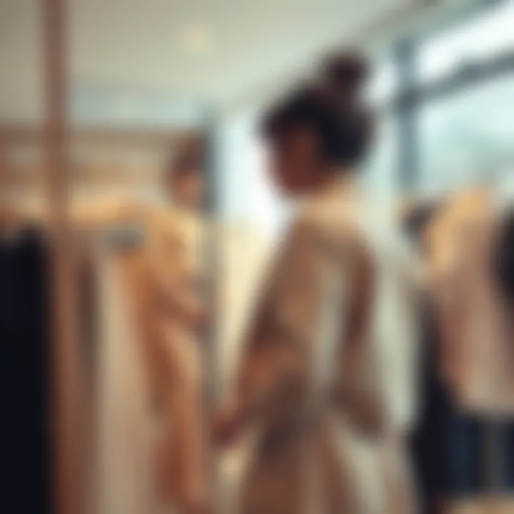 A designer selecting outfits in front of a full-length mirror