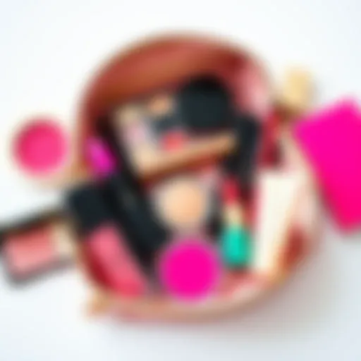 Chic flat lay of a makeup bag filled with vibrant cosmetics