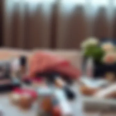 Elegant makeup bag surrounded by beauty products in a serene setting