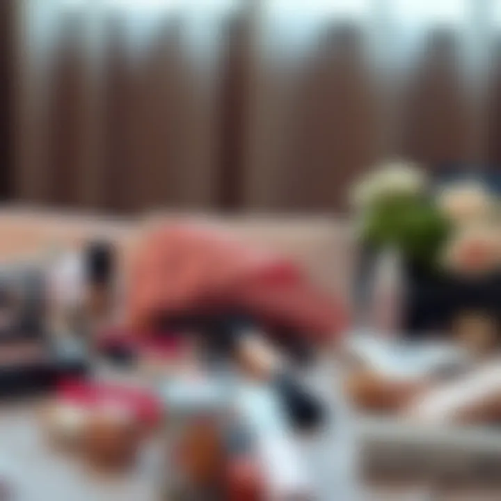 Elegant makeup bag surrounded by beauty products in a serene setting