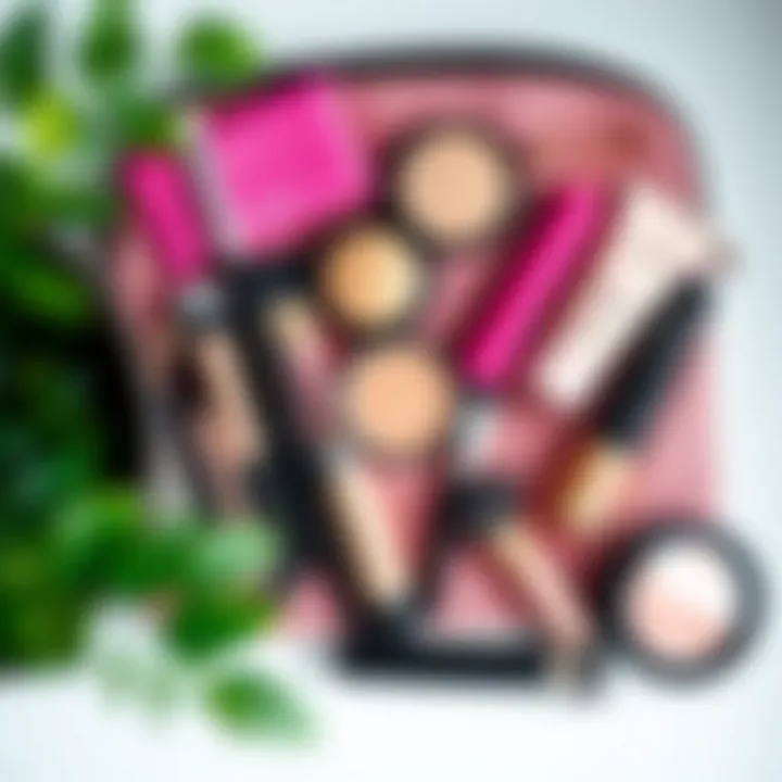 Stylish flat lay featuring various makeup tools and products