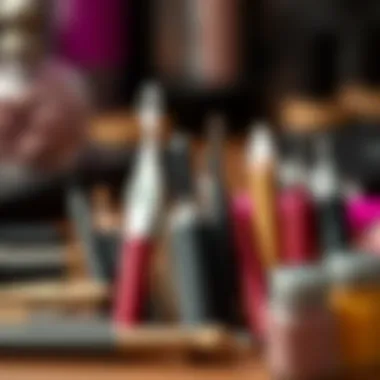 Close-up of essential tools for acrylic nails application