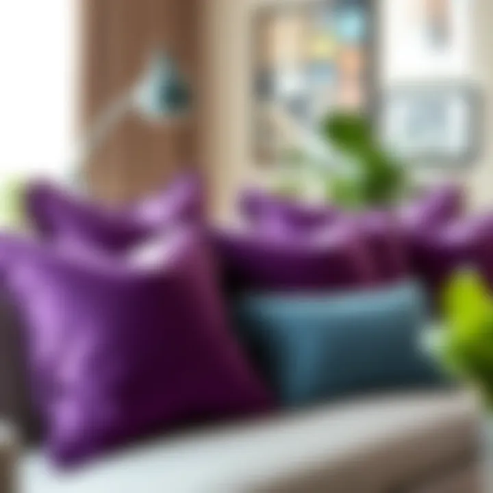 Lavish purple and teal pillows elegantly arranged on a modern sofa