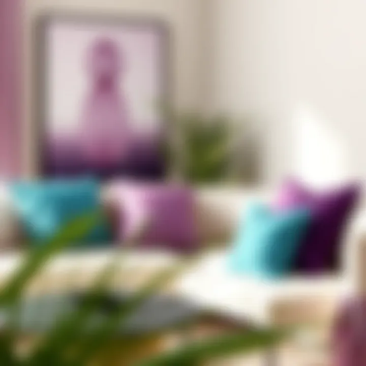 Stylish room showcasing purple and teal pillows against neutral walls