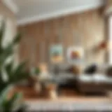 A cozy living room with barnwood peel and stick wallpaper