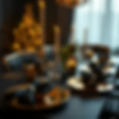 Festive Table Setting with Black and Gold Plates A festive table setting featuring black and gold party plates