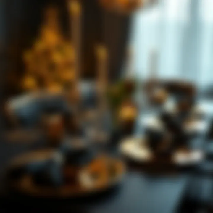 Festive Table Setting with Black and Gold Plates A festive table setting featuring black and gold party plates