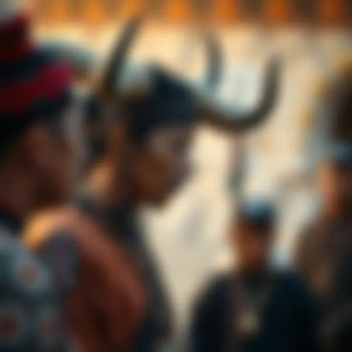 Historical depiction of the black bulls headband in traditional ceremonies.