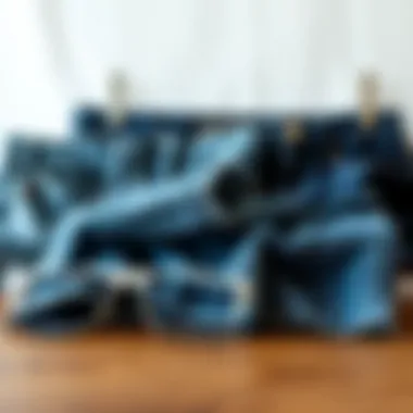 Versatile Blue Jean Shorts Collection A collection of blue jean shorts displayed on a wooden surface