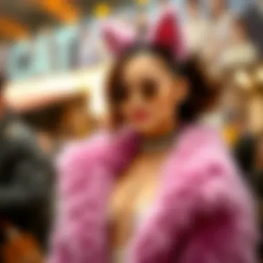 A fashionable individual showcasing a cat furry outfit at a pop culture event