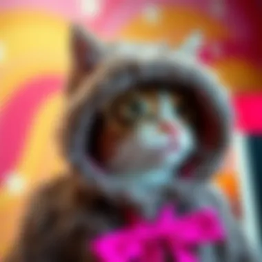 A stylish cat furry costume displayed against a vibrant backdrop