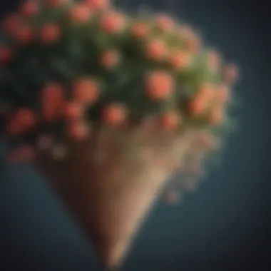 Close-up of a textured cone-shaped hanging planter with blooming flowers