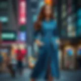 Elegant A-line denim dress showcased in a vibrant urban setting