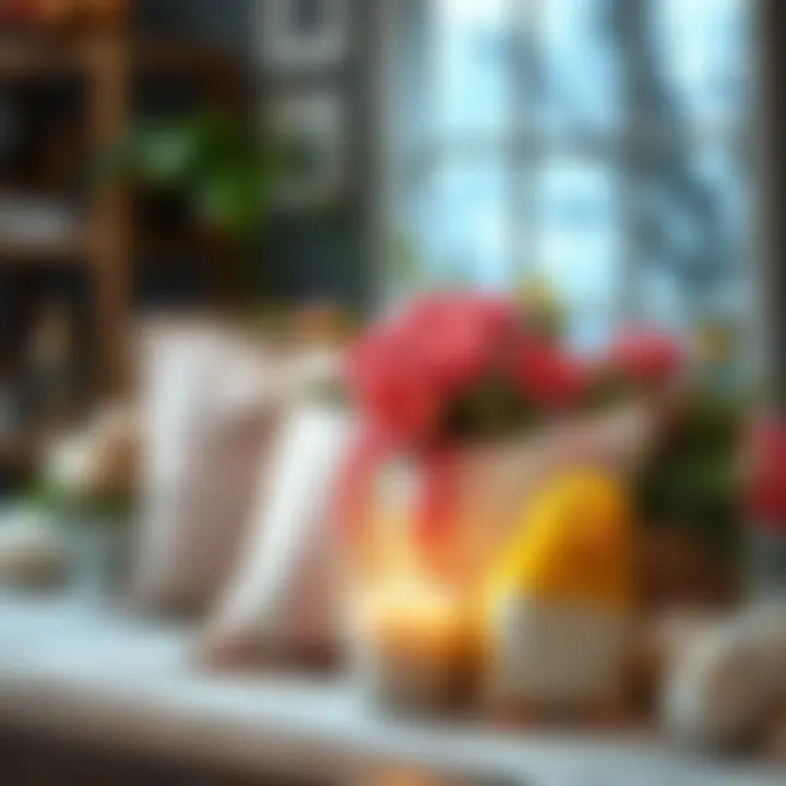 A thoughtfully designed centerpiece featuring farmhouse Easter pillows and seasonal decor