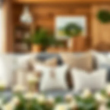 A cozy living room showcasing a variety of farmhouse Easter pillows on a couch