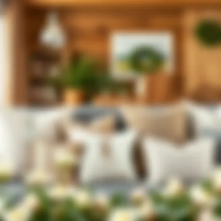 A cozy living room showcasing a variety of farmhouse Easter pillows on a couch