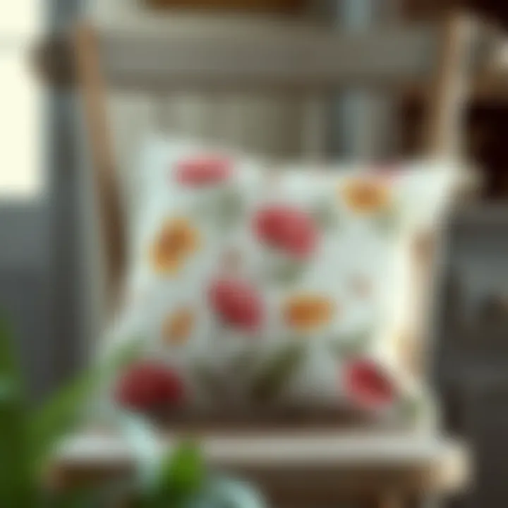 A beautifully arranged farmhouse Easter pillow with floral patterns on a rustic wooden chair